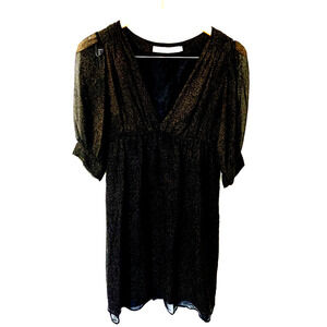 Amanda Uprichard Mini Gold Dress Silk Black Medium Sheer sleeve Babydoll Y2K